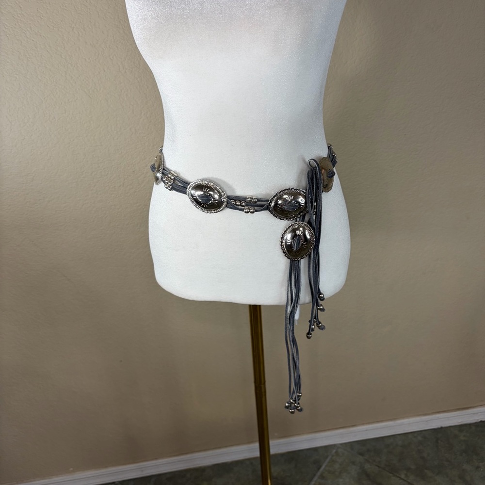 Concho Leather Belt 53” Scalloped Etched Gray Western Cowgirl Coastal Festival